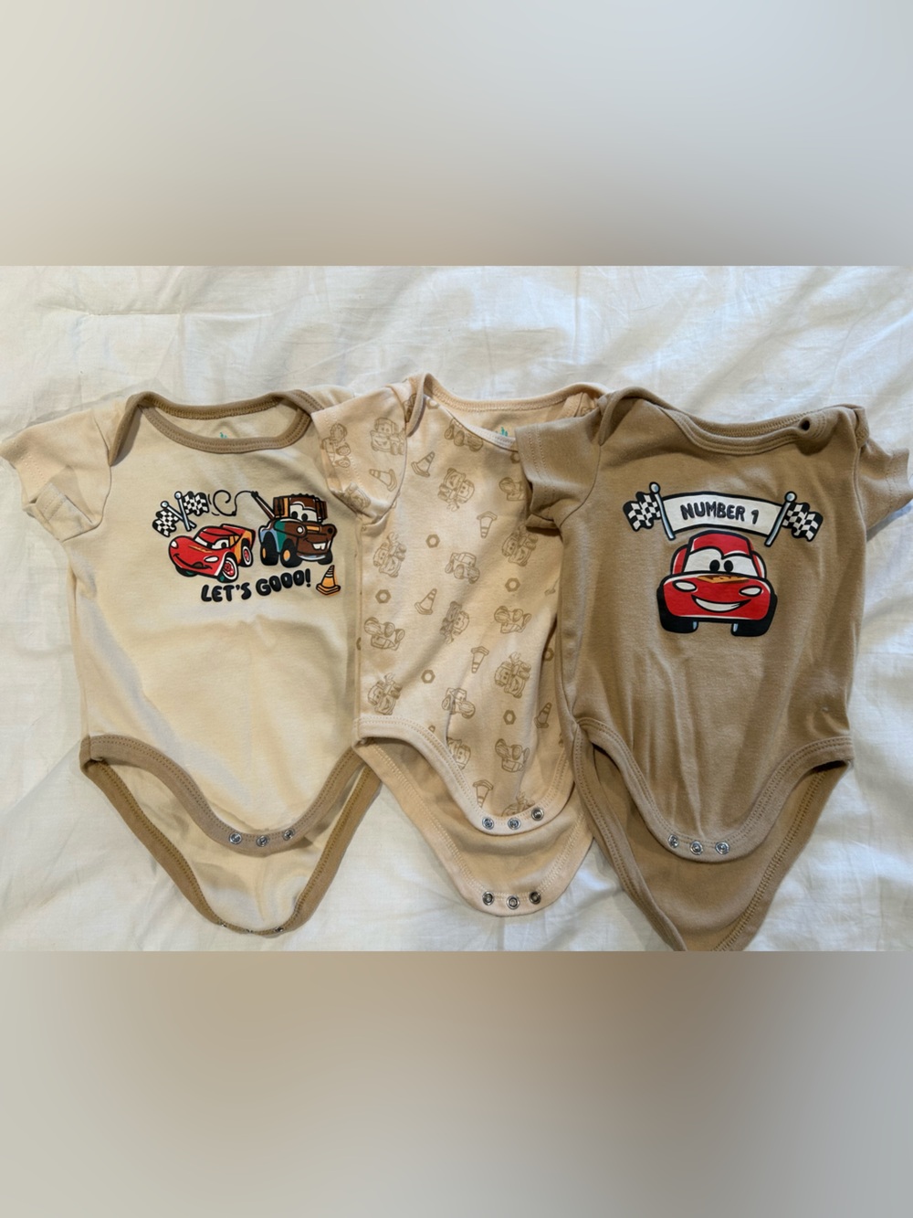 Disney Baby Beige & Tan Racing CARS Bodysuit Trio